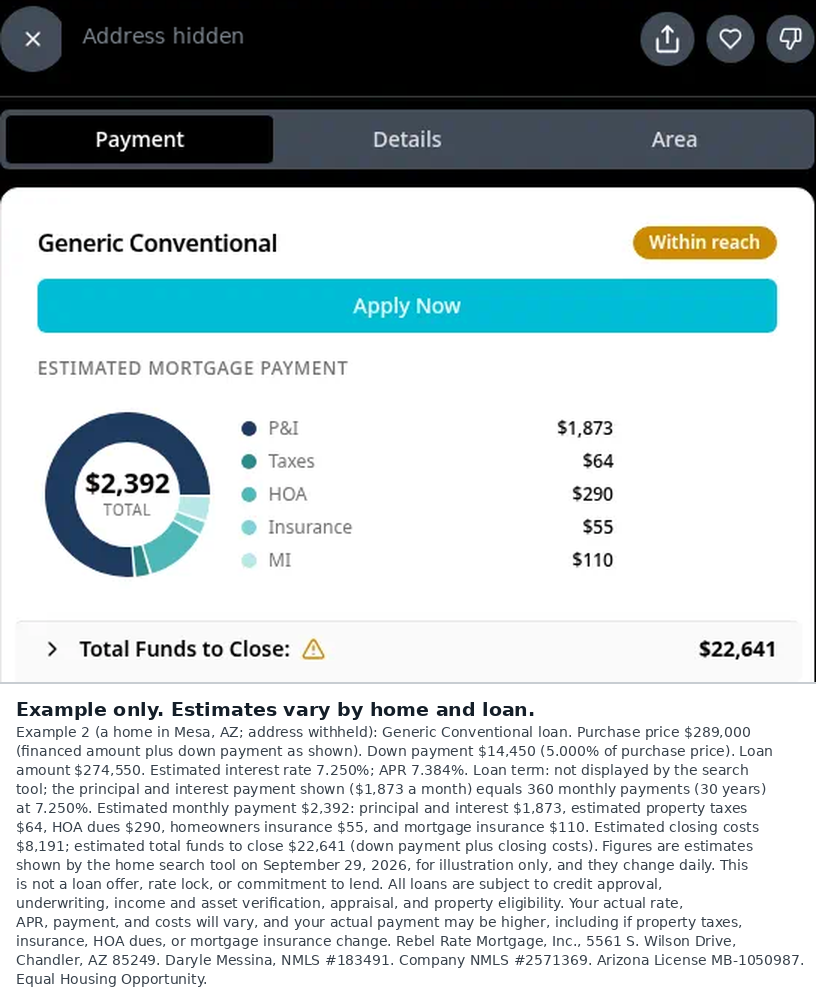 Example 2 estimated monthly payment breakdown for a home in Mesa, Arizona, address hidden