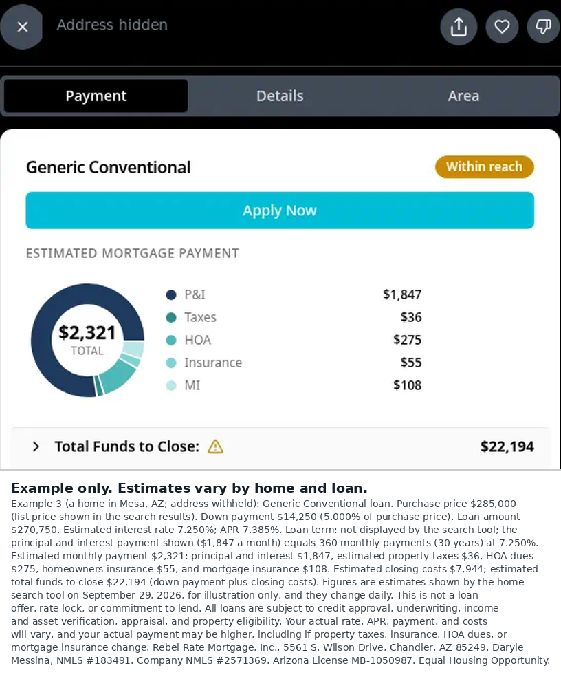 Example 3 estimated monthly payment breakdown for a home in Mesa, Arizona, address hidden